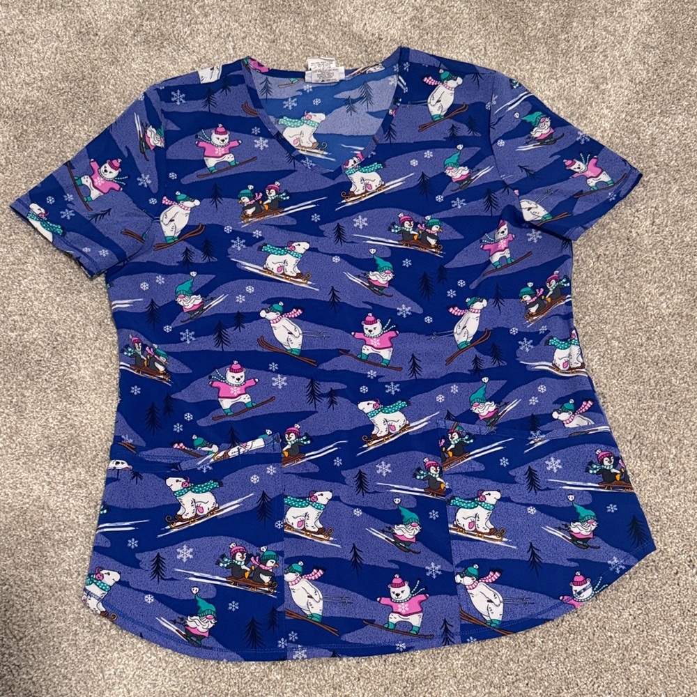 Scrubstar Blue Snowman Print Women's Top